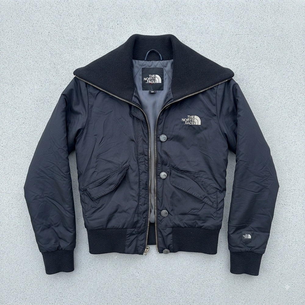 The North Face Vintage Satin Bomber Jacket Rib Knit Collar Black Small